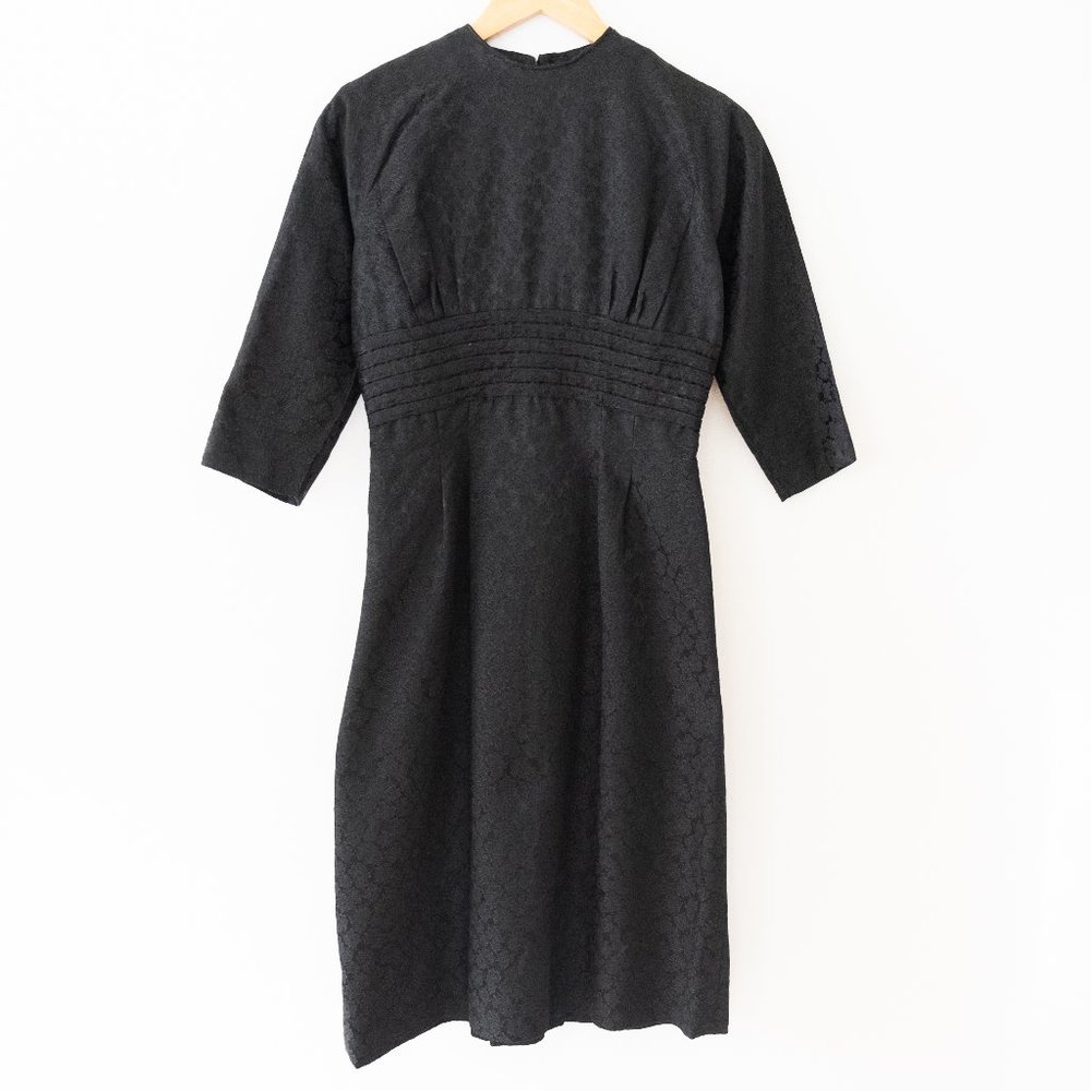 Vintage Nelly Don Black Jacquard Floral 3/4 Sleeve Midi Dress